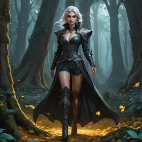 Vampire Ciri wanders through an enchanted forest, where ancient trees whisper secrets and bioluminescent flowers light the path ahead. She moves gracefully, her boots crunching on fallen leaves, while a mystical aura surrounds her, blending with the magic of the woods.