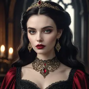 a stunning portrait of Morgana as a seductive vampire, pale skin, dark hair, crimson lips, piercing gaze, elegant gothic dress, ornate jewelry, dramatic lighting