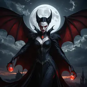 Dramatic fantasy artwork of Vampire Morgana,  transformed into a powerful bat-like creature with glowing red eyes,  surrounded by swirling shadows and moonlight,  dark and moody atmosphere