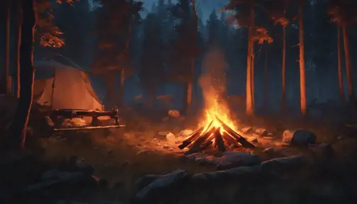 A highly detailed matte painting of a camp fire in the forest at night in the style of Firewatch, 4k resolution, Masterpiece, Trending on Artstation, Volumetric Lighting by Stanley Artgerm Lau, Greg Rutkowski, Makoto Shinkai, WLOP