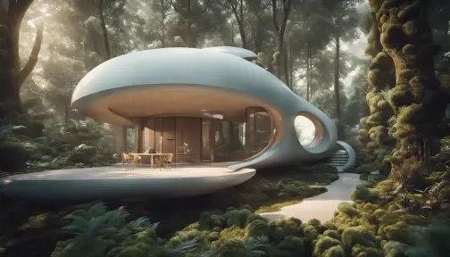 Beautiful futuristic organic house made from imaginary plants in a forest, 8k, Award-Winning, Highly Detailed, Beautiful, Epic, Octane Render, Unreal Engine, Radiant, Volumetric Lighting by Greg Rutkowski