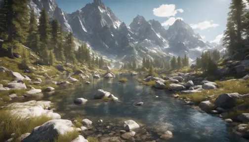 Lake in mountains streams and rivers flow down slopes of mountains and rocks into the valley spring in mountains, 8k, Award-Winning, Highly Detailed, Beautiful, Octane Render, Unreal Engine, Radiant, Volumetric Lighting by Greg Rutkowski