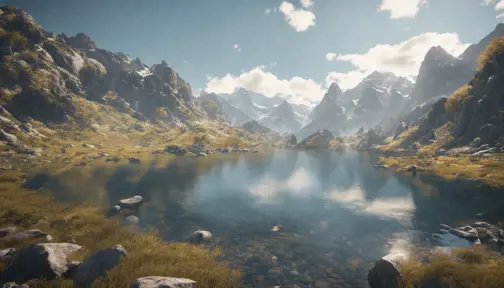 Lake in mountains streams and rivers flow down slopes of mountains and rocks into the valley spring in mountains, 8k, Award-Winning, Highly Detailed, Beautiful, Octane Render, Unreal Engine, Radiant, Volumetric Lighting by Greg Rutkowski