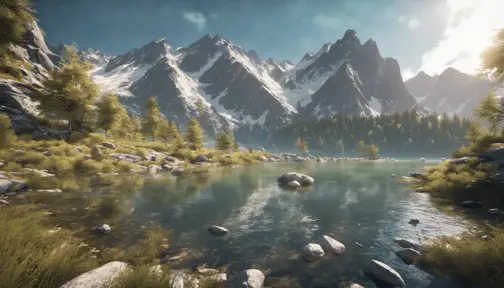 Lake in mountains streams and rivers flow down slopes of mountains and rocks into the valley spring in mountains, 8k, Award-Winning, Highly Detailed, Beautiful, Octane Render, Unreal Engine, Radiant, Volumetric Lighting by Greg Rutkowski