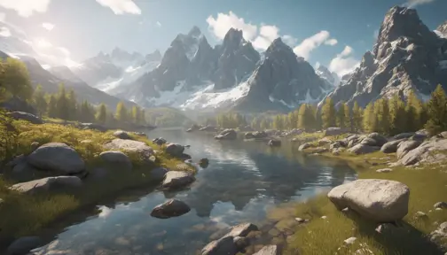 Lake in mountains streams and rivers flow down slopes of mountains and rocks into the valley spring in mountains, 8k, Award-Winning, Highly Detailed, Beautiful, Octane Render, Unreal Engine, Radiant, Volumetric Lighting by Greg Rutkowski