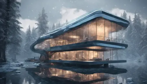 Grand futuristic glass architectural house in the woods surrounded by a lake in winter, Atmospheric, Highly Detailed, Intricate, Trending on Artstation, Stunning, Realistic, Unreal Engine, Dynamic Lighting, Radiant, Fantasy by Greg Rutkowski