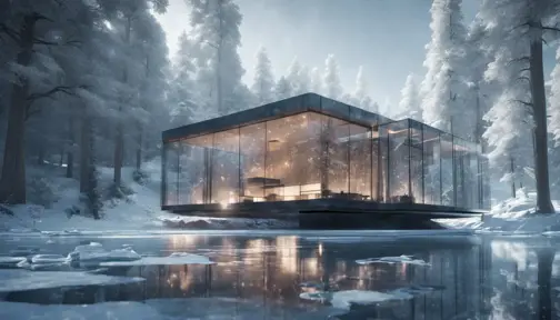 Beautiful futuristic architectural glass house in the forest by a large frozen lake, 8k, Award-Winning, Highly Detailed, Beautiful, Epic, Octane Render, Unreal Engine, Radiant, Volumetric Lighting by Greg Rutkowski