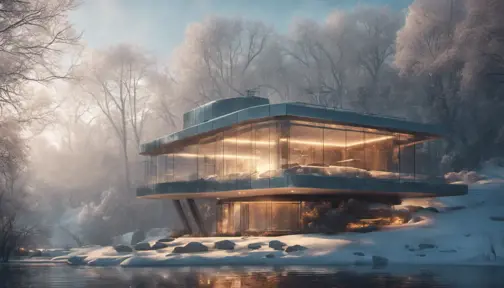 Grand futuristic glass architectural house in the woods surrounded by a lake in winter, Atmospheric, Highly Detailed, Intricate, Trending on Artstation, Stunning, Realistic, Unreal Engine, Dynamic Lighting, Radiant, Fantasy by Greg Rutkowski