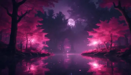 A magical pond in a fantasy forest with glowing pink trees at night, 4k, HQ, Intricate, Masterpiece, Artstation, Cinematic Lighting, Photo Realistic, Sharp Focus, Unreal Engine, Dark