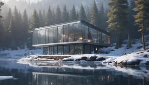 Beautiful futuristic architectural glass house in the forest by a large frozen lake, 8k, Award-Winning, Highly Detailed, Beautiful, Epic, Octane Render, Unreal Engine, Radiant, Volumetric Lighting by Greg Rutkowski