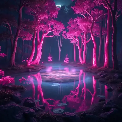 A magical pond in a fantasy forest with glowing pink trees at night, 4k, HQ, Intricate, Masterpiece, Artstation, Cinematic Lighting, Photo Realistic, Sharp Focus, Unreal Engine, Dark