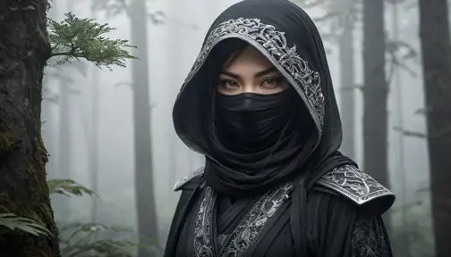 A captivating female ninja concealed within a mist-laden forest, her features partially obscured by a veil of fog, her attire a mix of stealthy dark fabrics and intricate silver detailing, the environment around her both haunting and enchanting