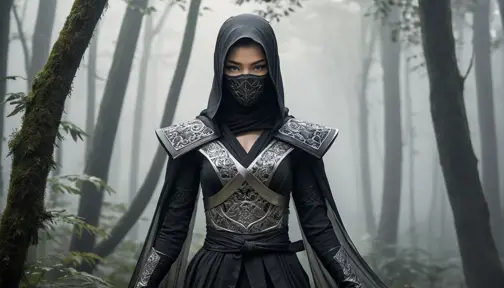 A captivating female ninja concealed within a mist-laden forest, her features partially obscured by a veil of fog, her attire a mix of stealthy dark fabrics and intricate silver detailing, the environment around her both haunting and enchanting