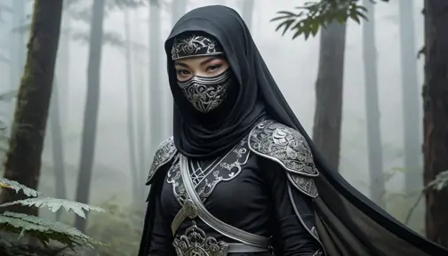 A captivating female ninja concealed within a mist-laden forest, her features partially obscured by a veil of fog, her attire a mix of stealthy dark fabrics and intricate silver detailing, the environment around her both haunting and enchanting