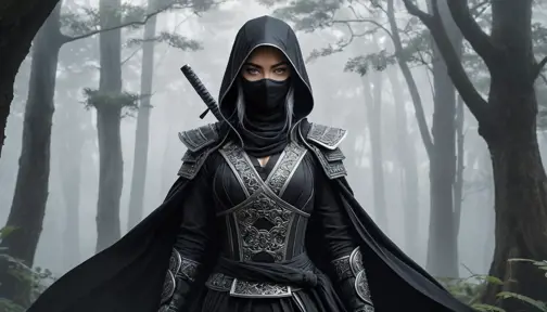 A captivating female ninja concealed within a mist-laden forest, her features partially obscured by a veil of fog, her attire a mix of stealthy dark fabrics and intricate silver detailing, the environment around her both haunting and enchanting