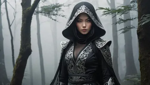 A captivating female ninja concealed within a mist-laden forest, her features partially obscured by a veil of fog, her attire a mix of stealthy dark fabrics and intricate silver detailing, the environment around her both haunting and enchanting