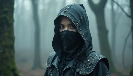 A captivating female ninja concealed within a mist-laden forest, her features partially obscured by a veil of fog, her attire a mix of stealthy dark fabrics and intricate silver detailing, the environment around her both haunting and enchanting